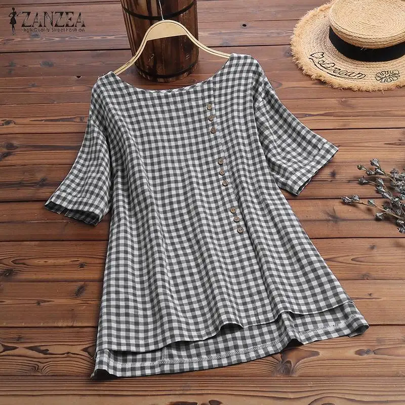

Cotton Linen Women Tops and Blouses ZANZEA Ladies Plaid Check Shirts Casual Short Sleeve O Neck Blusas Chemiser Mujer Plus Size