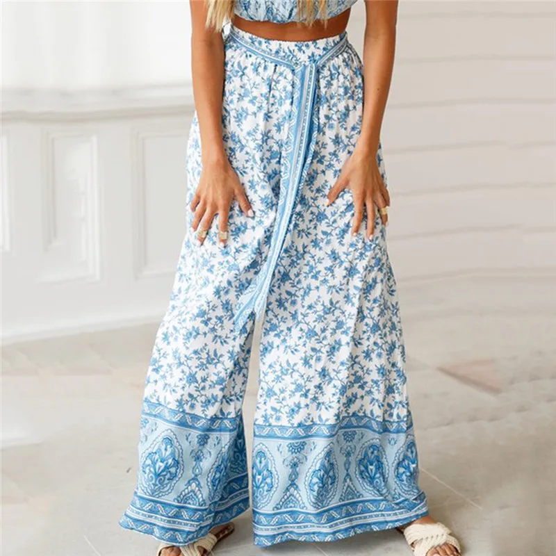 light blue Boho женские Мешковатые расклешенные брюки офисные женские широкие брюки Gypsy Palazzo с высокой талией свободные широкие брюки клеш - Цвет: light blue