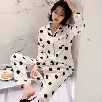 

Long Sleeve Pajamas Set Fashion Wave Point Printed Home Clothes with Long Sleeve Two-piece Set Autumn Loose Style Home Clothes