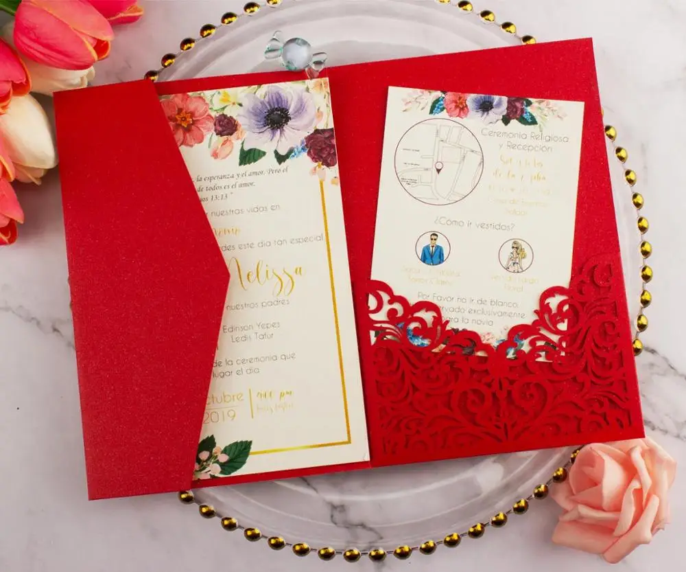  free shipping 100pcs Vine tri fold wedding invitation cards with envelope insert RSVP 3 fold laser  - 4000330802854