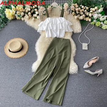

ALPHALMODA Women Slimming Suit 2020 New Women's Ruffles Top Blouse + Wide-Leg Pants Two-Piece Fashion Set