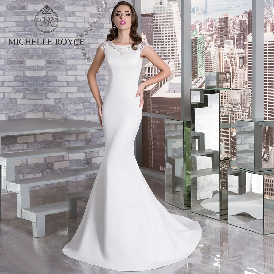 

Michelle Royce Mermaid Wedding Dresses 2020 Scoop Appliques Cut-Out Short Sleeve Button Sashes Bow Court Train Vestido De Novia