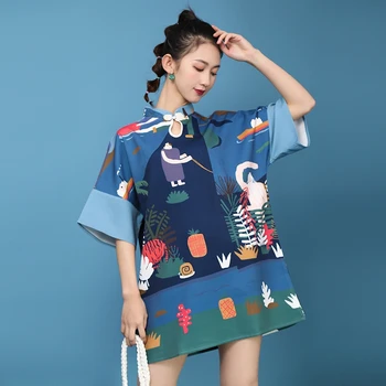 

2020 Summer Improved Cheongsam Chinese Traditional Lovely Printed Dress Student Girls Loose Mini Vestidos Casual Women's Clothes