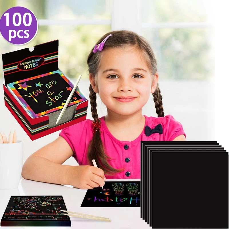 100 PCS Magic Color Rainbow Scratch Art Paper Card Set Animal Geometry Painting Template Ruler Kids Art Craft DIY Toys