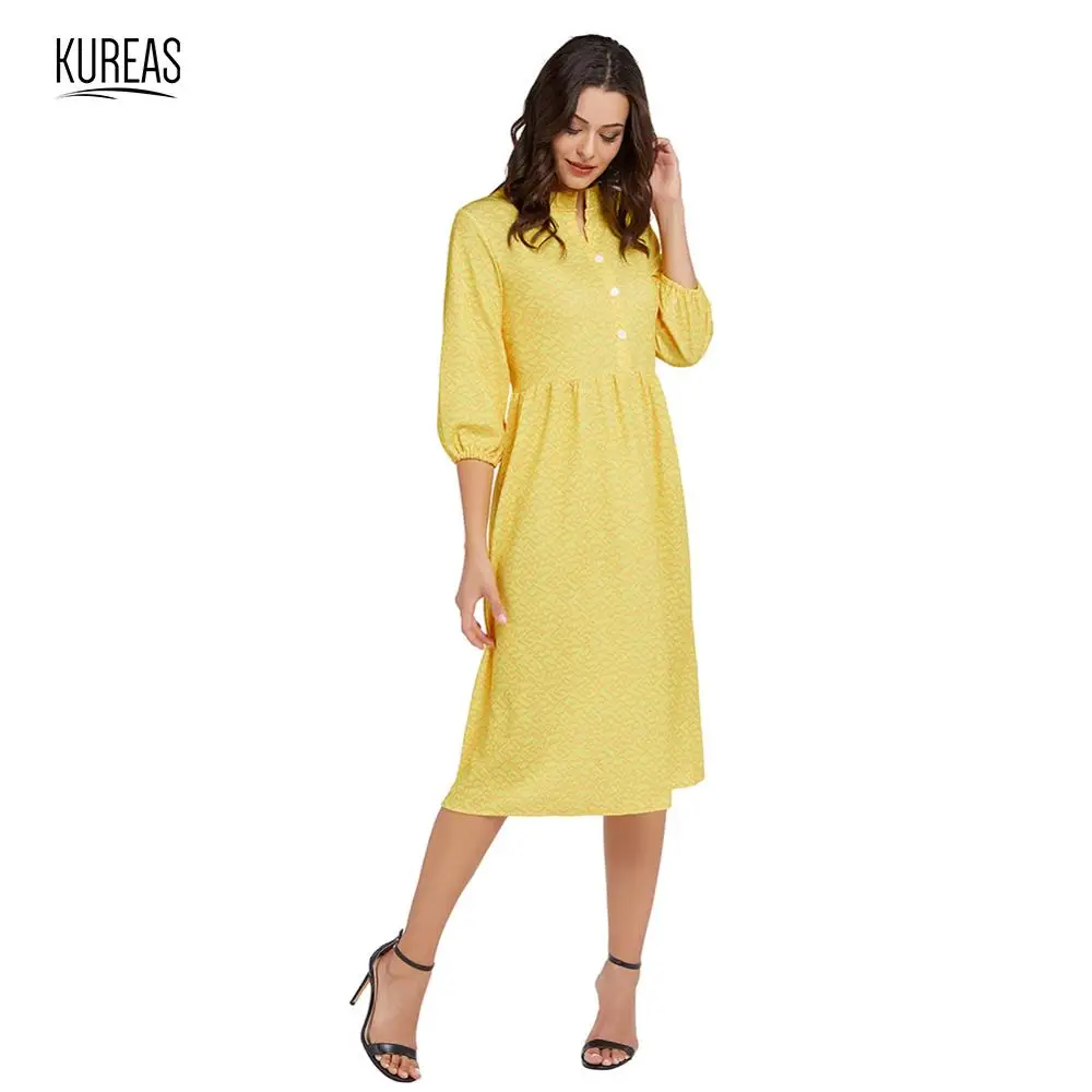 

Kureas Women Knitted Dresses Midi Autumn Winter Elegant Baggy Dress Casual Half Lantern Sleeves V Neck Single Breasted Button