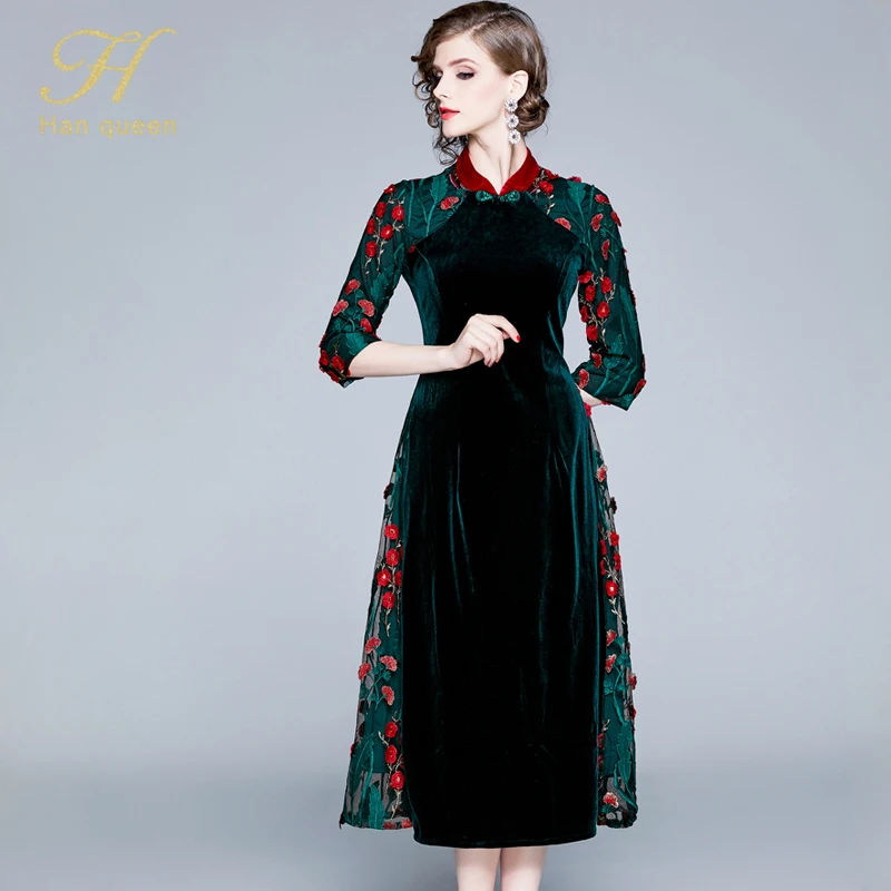 H Han queen Новое поступление весеннее бархатное платье Дамская мода винтажное роскошное вышитое элегантное тонкое женское вечернее платье