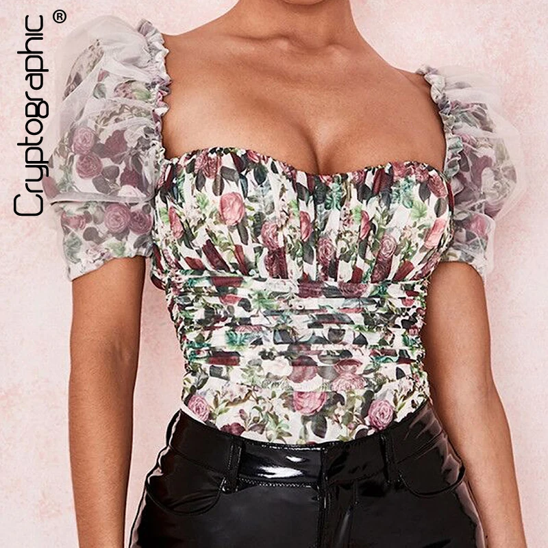 

Cryptographic Square Collar Vintage Floral Gathered Mesh Bodysuit Puff Short Sleeve Bodysuits 2020 Fashion Female Tops Ruched