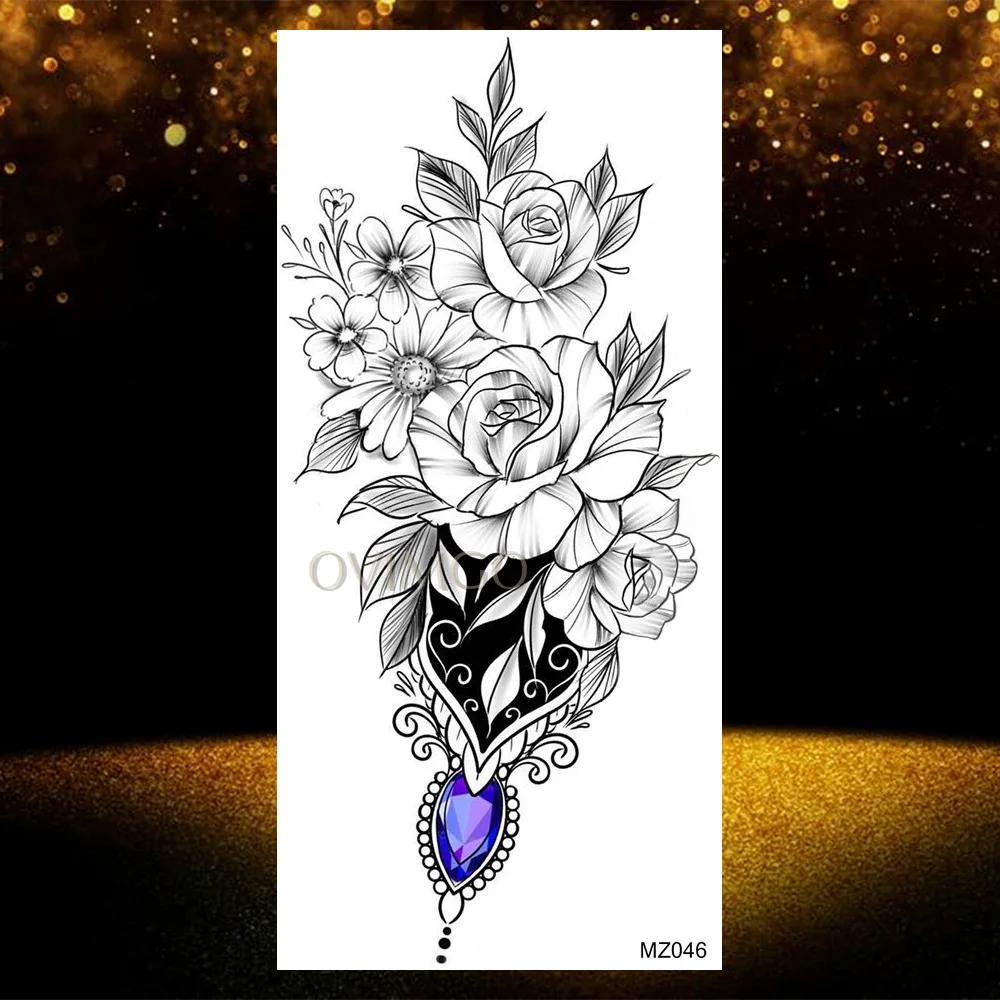 Waterproof Geometric Fake Temporary Arm Tattoos Sticker Black Rose Lily Tatoos Body Art For Women Realistic Peony Leaf Tattoos
