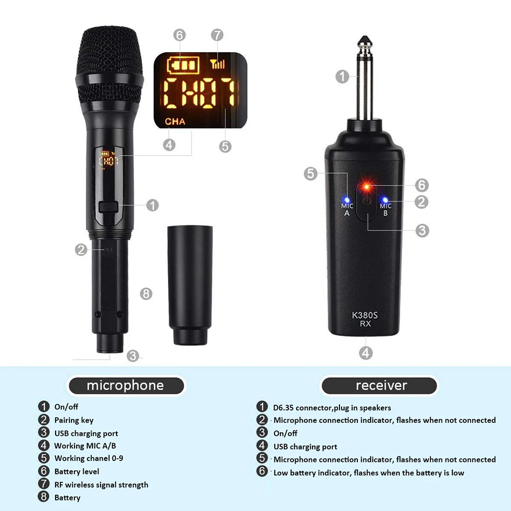 2pcs K380S Wireless Microphones USB Rechargeable