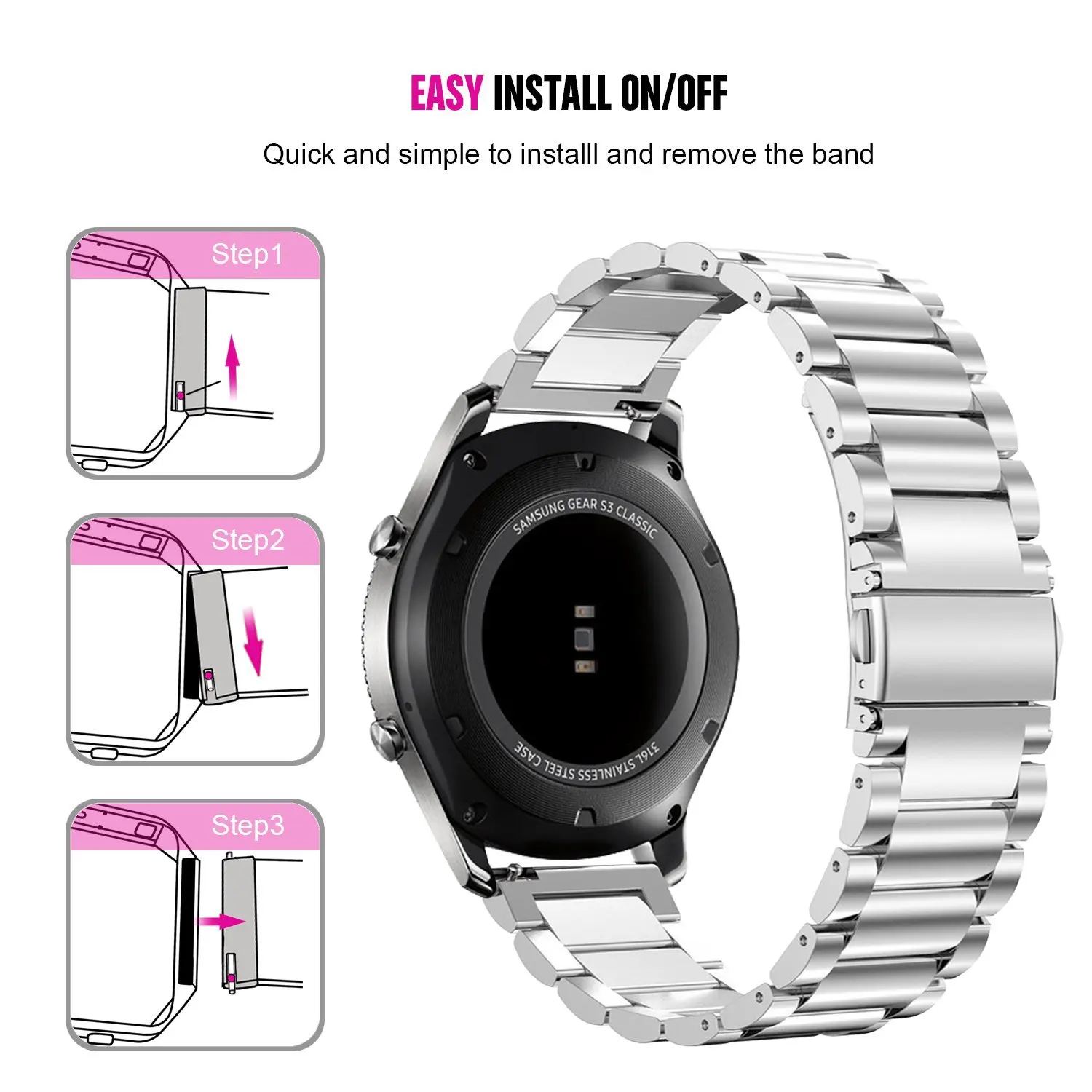 Подходит для samsung GearS2/S3/S4Classic smartwatch ремешок металлический из нержавеющей стали с тремя бусинами стальной ремень 20 м