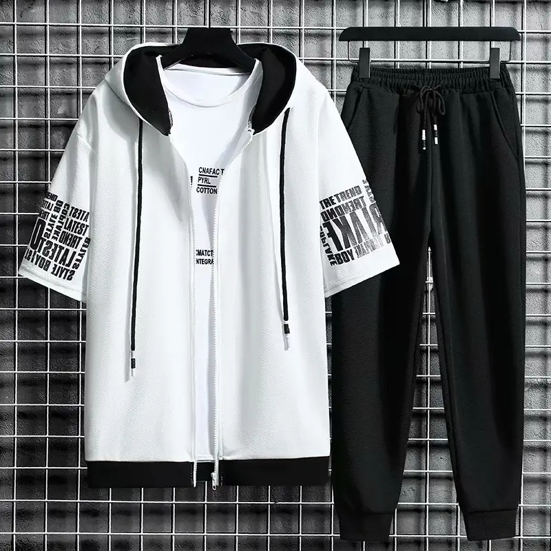 Men Clothing Two Piece Set Hooded Zipper Short Sleeve Tops + Elastic Waist Trousers Korean Streetwear Tracksuit Men sports set tracksuit set