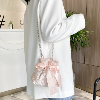 

Women Crossbody Bag Female Ribbon Bow Money Purse Pleated Lady Chain Small Single Shoulder Mini Messenger Pouch Handbag