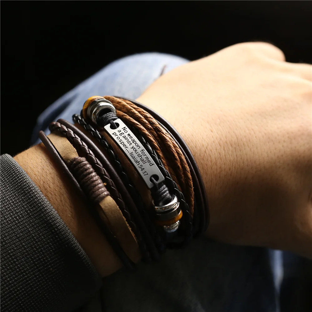 Leather Bracelets 3 Pcs/Set Men Bangles For Women Wood Beads Feather TRUST IN GOD Cross Charm Homme Gift Jewelry Freely Shipping bracelet jewelry