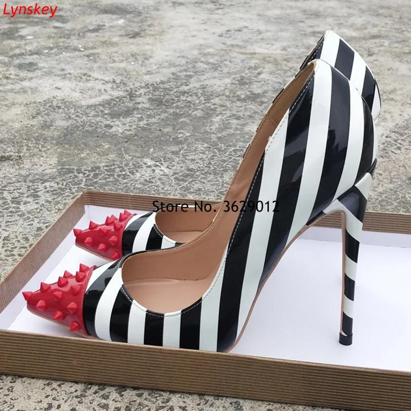 

White Black Mixed-color Patent Leather Pumps Red Rivets Shallow Stiletto High Heel Women Party Wedding Shoes Woman