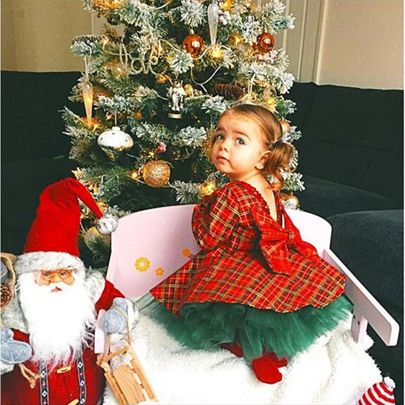 Комплект из двух предметов, одежда для маленьких девочек платье в клетку с блестками и бантом фатиновая юбка милый Рождественский наряд принцессы из 2 предметов, зимняя одежда