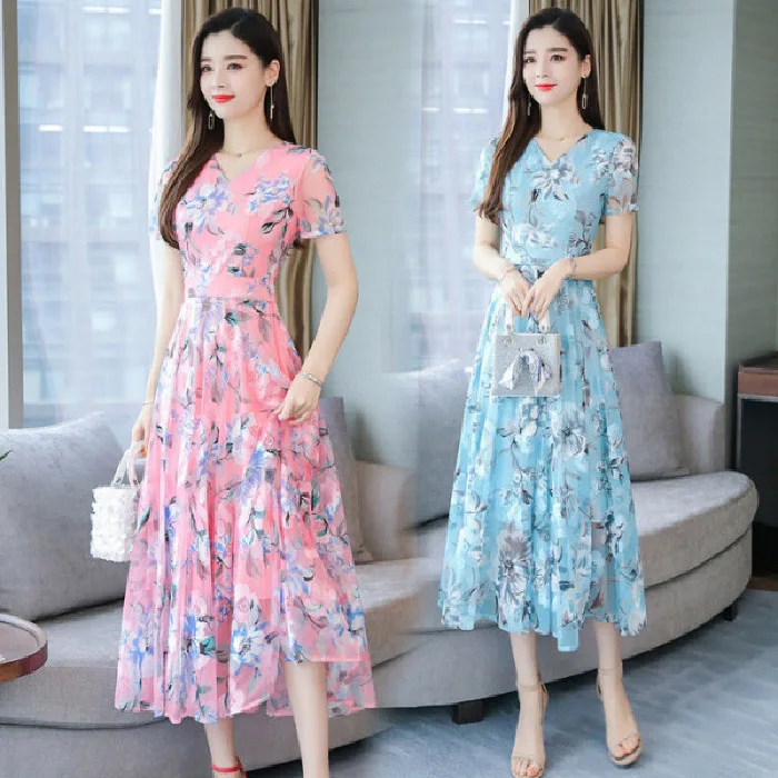 

Summer New Style Floral-Print A- line Skirt Large Size Dress Mid-length Slimming Fat Mm Printed Chiffon Dress