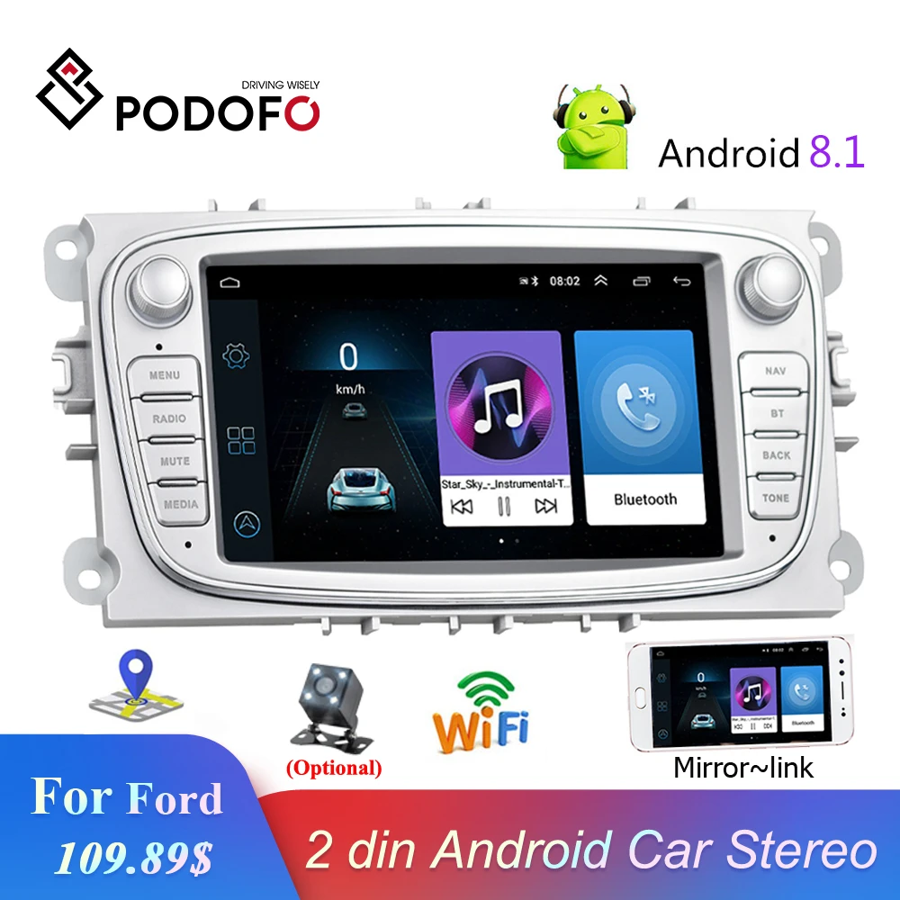 Podofo 2 din Auto Radio Android 8.1 7 ''Autoradio Multimedia Player GPS Mirrorlink Für Ford Focus M
