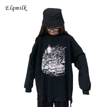 

Autumn Ladies Hoodies O Neck Loose Bf Lazy Interest Printing Long Sleeve Women Sweatshirt Casual Holes Pullover Jumpers