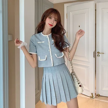 

Women Elegant Two Pieces Outfits Short Sleeve Breasted Hit Color Set Crop Coat + High Waist Pleated Skirt Women's Clothing