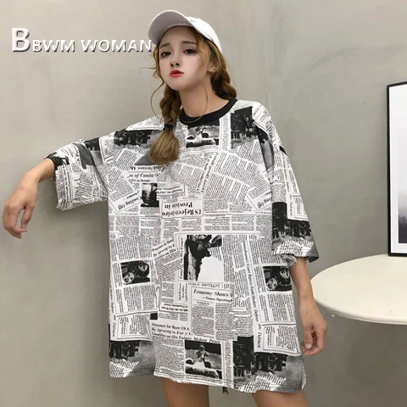 

2019 Loose Round Neck Newspaper Style Women T Shirt Streetwear Female Tee Shirts