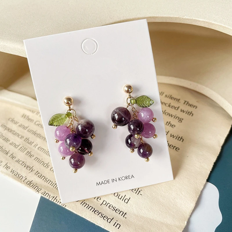 Vintage Crystal Grape Leaf Earrings Sweet Reflective Smooth Irregular Geometric Ball Fruit Drop Earrings dangle earrings drop earrings crystal earrings fruit design earrings for Women