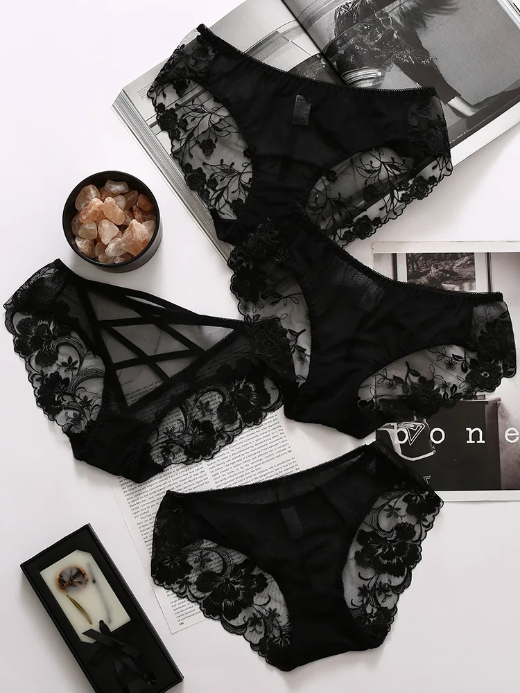 

2019 Lace Sexy Ultra-thin Mesh Underwear Women's Ice Silk Transparent Comfortable Print Female Briefs Thin Section 4 Pcs A6305