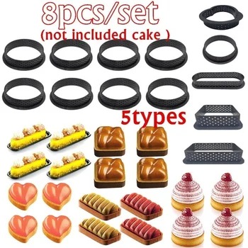 

8PCS Cake Mold Non Stick Bakeware Perforated Cutter Oval Rectangle Square Shape Mousse Circle Ring Dessert DIY Tart Decorating