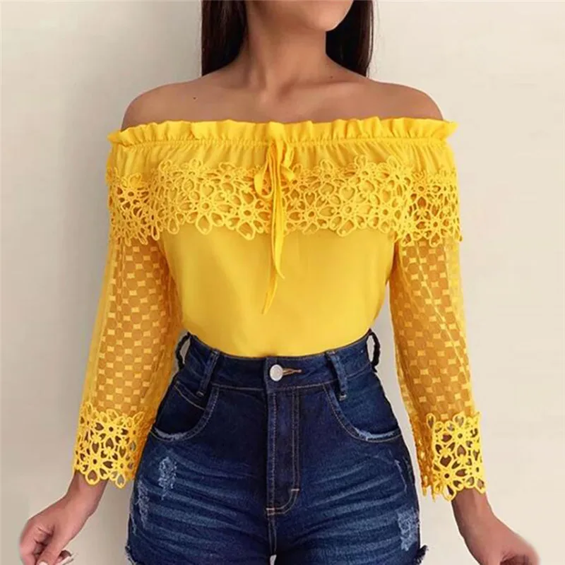 

Women's Lace Off Shoulder Blouse Slim Loose Flare Sleeve Shirt Strapless Fashion Splice Mesh Regular Sleeves Ladies Shirt