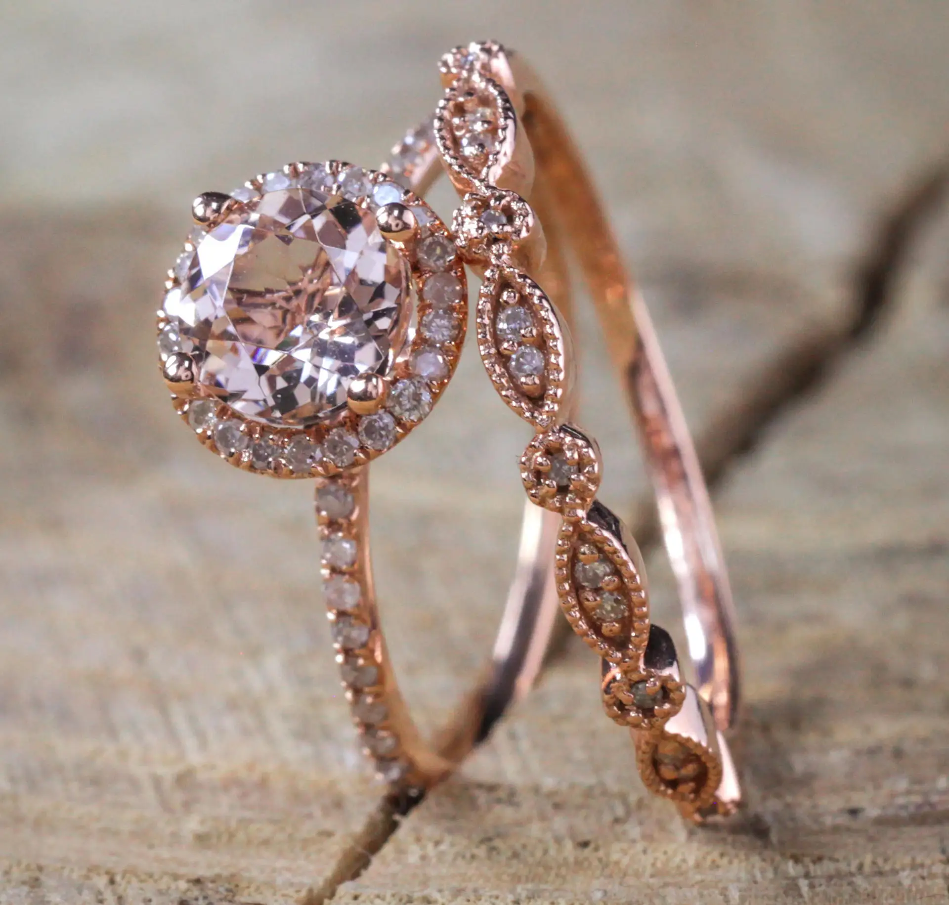 Fashion Rose Gold Rings Jewelry Round Pink Zircon Stone 2 in 1 Charm Finger Ring Set for Women Wedding Engagement Accessories | Украшения и