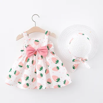 

Girl Dress 2020 Summer New Children's Clothing Strawberry Print Baby Girl Dress Bow Hat 2pcs Casual Infant Toddler Clothes Set