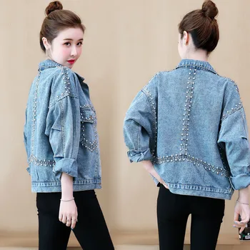 

New 5XL Plus Size Spring Autumn Women Coats Casual Loose Solid Beading Jeans Coat For Women Larger Denim Jacket Outerwear Coat
