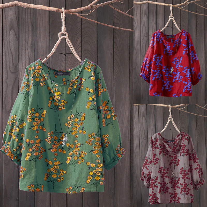 ZANZEA 2021 Women Tops and Blouses Casual Work Office Blusas Ladies Vintage Floral Tunic Female Pritned Shirt | Женская одежда