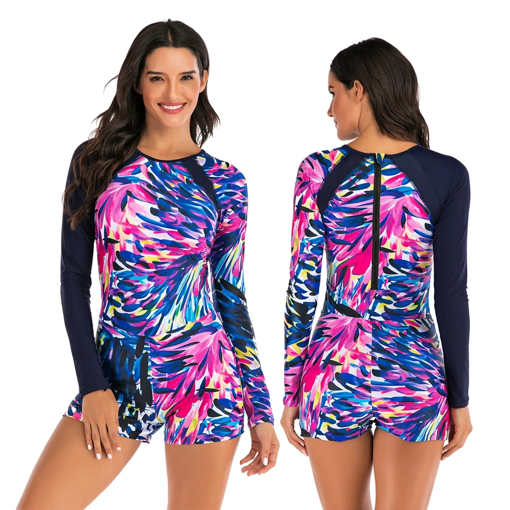 2020 New Sexy Black Print Swimsuit Women Long Sleeve Push up One piece Swimwear Plus size Bathing suit Shorts Monokini Bodysuit