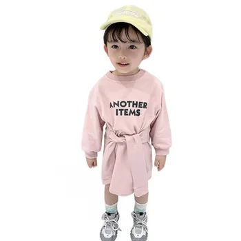 

DFXD Toddler Casual Dress For Girls 2-7T Korean Style Letter Straight Sweatshirt Dress With Belt Long Sleeve Baby Dress Vestido