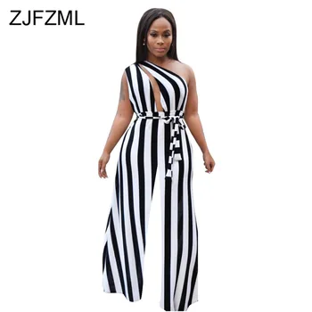 

Striped Sexy Wide Leg Jumpsuits for Women 2020 Summer Backless Belt Plus Size Rompers Elegant One Shoulder Loose Party Jumpsuit