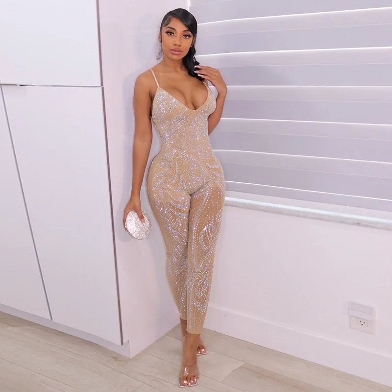 Sexy Backless Skinny Camisole Jumpsuit Women Glitter Sequins Low Chest Sleeveless Sexy Bodycon Romper Clubwear One Piece Overall