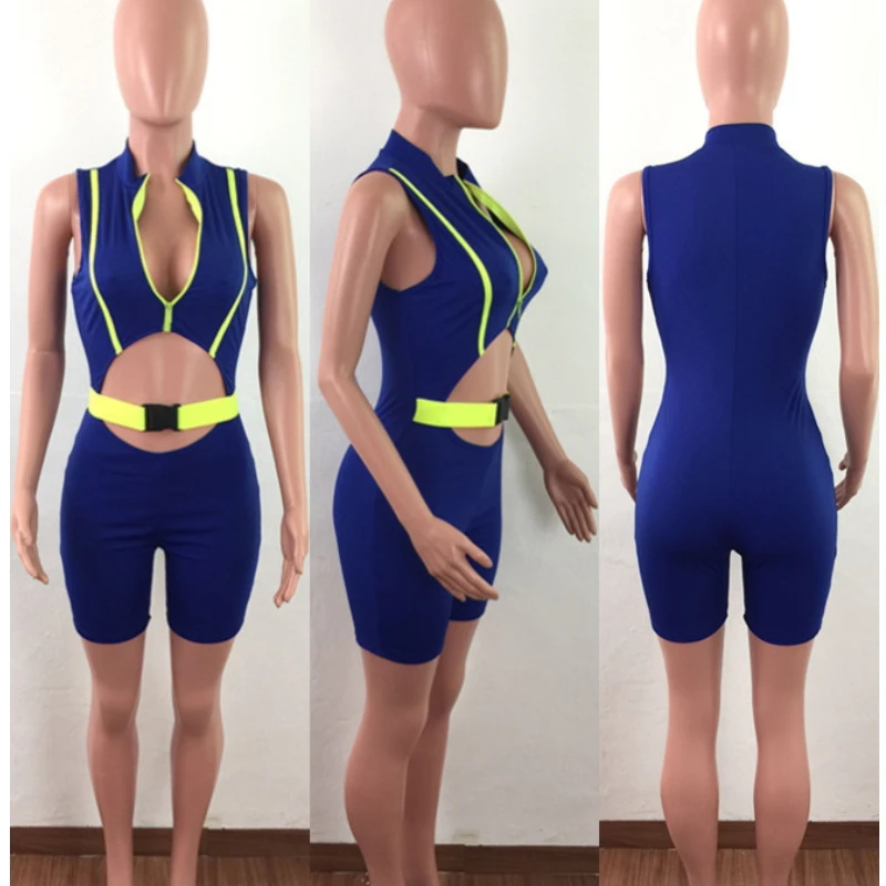 Buckle Hole Cut Out Bodycon Bodysuit Zipper Front Sexy One Piece Bandage Playsuits Shorts Club Wear Solid Color Sleeveless