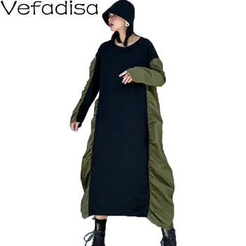 

Vefadisa Pleated Plus Size Dress Women Spring 2020 O-Neck Irregular Long Sleeve Dress Pullover Green Patchwork Dress QYF1651