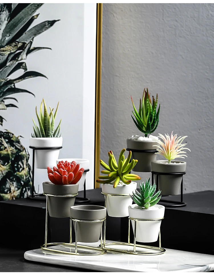 New Pottery Planters Modern Small Flower Pots with Gold Black Metal Stands Decorative Tabletop Ornaments Home Decoration