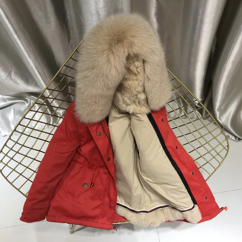 red khaki fur Одежда для маленьких девочек зимняя куртка Настоящий мех кролика парка для девочек, зимние пальто с лисьим мехом, с капюшоном, отделка, одежда для маленьких мальчиков - Цвет: red khaki fur