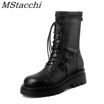 

Mstacchi Botas Invierno Mujer Solid Color Microfiber Cross-tied Flat Women Boots 2020 New Back Zipper Fashion Retro Madam Shoes
