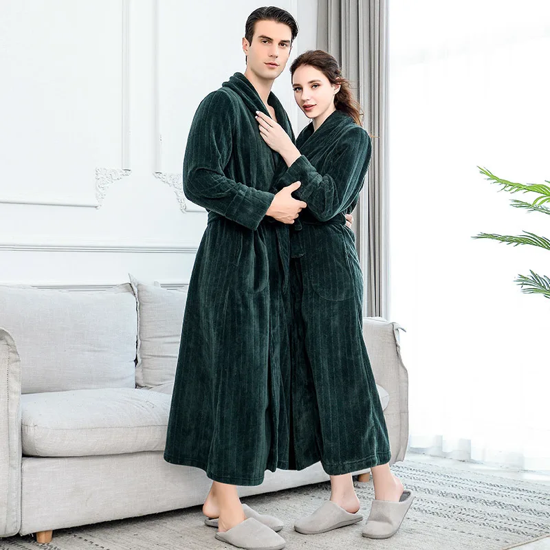 Высококачественный зимний халат для женщин и мужчин размера плюс в полоску фланелевый Халат женский удлиненный до лодыжки толстый теплый Халат