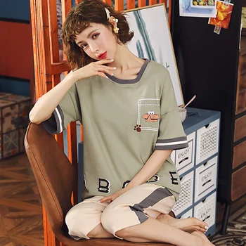 

Summer pajamas woman casual cotton pajamas short sleeve cropped pants cute PJ home clothes 2 pcs set girl fashion pijama cartoon