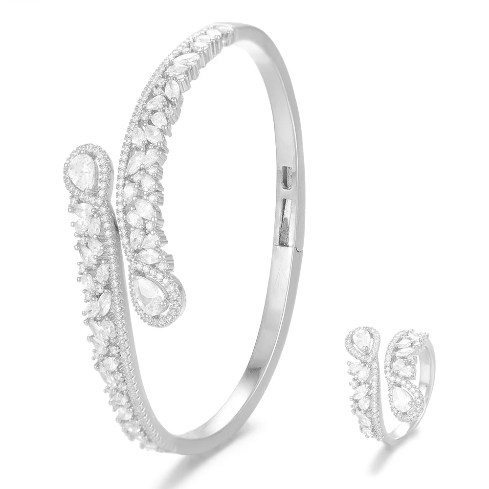 1Set Silver GODKI, роскошный набор колец с угловым крылом, 2 шт., ювелирные наборы для женщин, свадебные с кубическим цирконом и кристаллами CZ aretes de mujer, современный стиль - Окраска металла: 1Set Silver