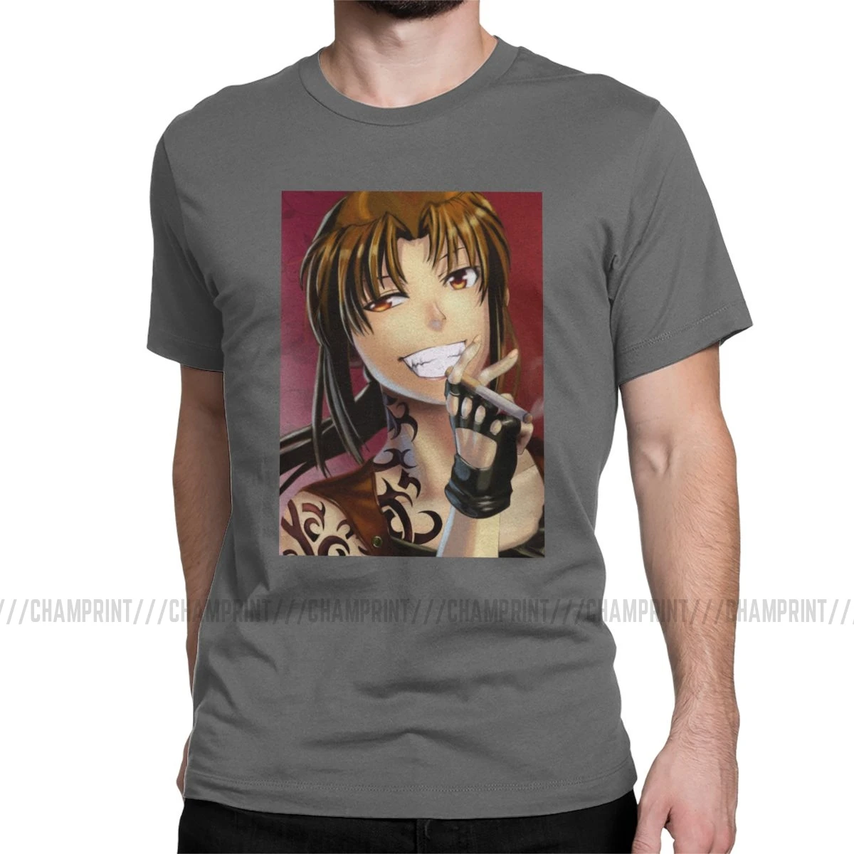 Винтажная Мужская футболка Badass Revy с круглым вырезом, хлопок, футболка Black Lagoon, аниме, короткий рукав, футболка размера плюс, одежда - Цвет: Темно-серый
