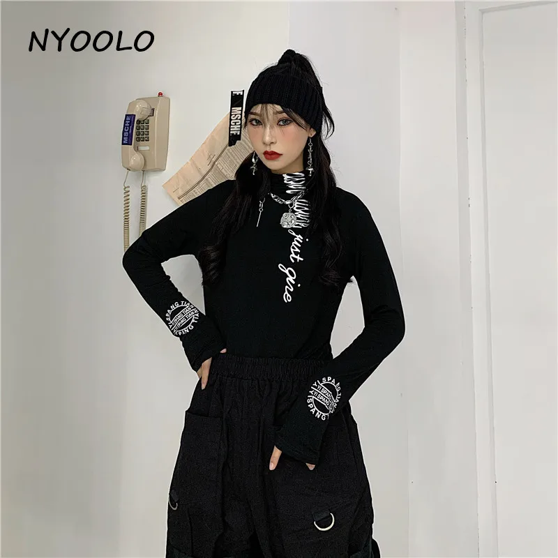 NYOOLO High street, тонкая черная футболка с буквенным принтом, топы, Повседневная Водолазка с длинным рукавом, пуловеры, хлопковая футболка, женская одежда