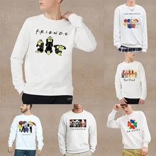 Primavera outono masculino casual sweatshirts harajuku amigos impressos em torno do pescoço hoodies todos os jogos solto pullovers tendência streetwear