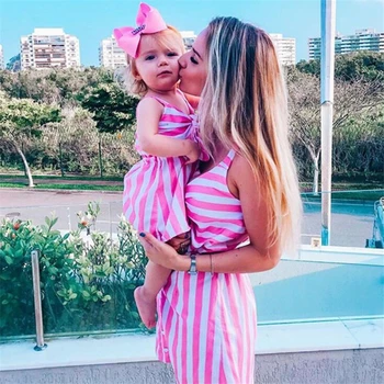 

Mommy And Daughter Striped Matching Clothes Family Clothing Mother Daughter Dresses Party Mini Dress Women Dress Girls Dresses