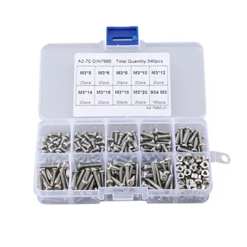 

340pcs M3 304 Stainless Steel Cross Hexagon Socket Button Head Hex Socket Round Button Head Screw Kit