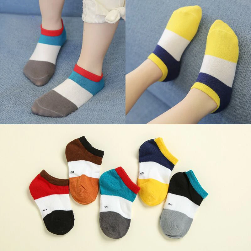 CYSINCOS 5Pcs Baby Socks Spring Cotton Children Summer Short Thin Invisible Boy Girl Mesh Stripes Color Matching Boat Sock |
